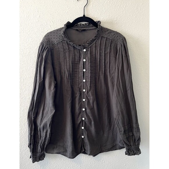 Quince Women's Top Med Textured Organic Cotton Peasant Blouse Charcoal Gray - Picture 1 of 16